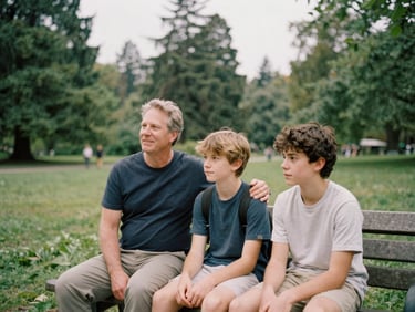 A warm editorial photograph of a mentor and youth sitting together on a bench in a lush green Seattle park, soft overcast daylight, 35mm film