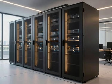 Sleek modern server room with gold ambient lighting, cool daylight, high-contrast corporate photography, 35mm