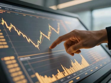 Close-up of hands interacting with high-end financial charts on a glass screen, warm gold lighting, 35mm