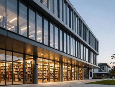 Modern architectural shot of a high-tech university library, cool daylight with warm gold accents, 35mm