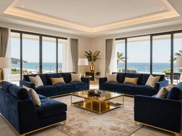 Wide shot of a perfectly organized and pristine living room in a luxury estate, soft coastal daylight, no people, luxury architectural photography, bright warm coastal daylight, deep navy and gold accents, high-end editorial, 35mm