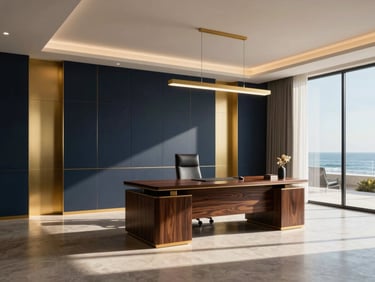 Pristine, minimalist luxury office interior with polished dark wood and gold accents, sunlit, no people, luxury architectural photography, bright warm coastal daylight, deep navy and gold accents, high-end editorial, 35mm
