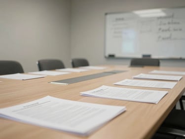 Wide environmental shot of a modern meeting room in use — papers on the table, a whiteboard with writing visible in the background, diffused indoor light, no posed figures, atmosphere of focused work