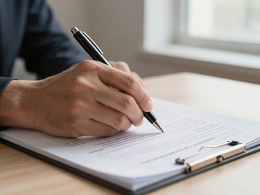Close frame — a hand writing in a compliance document on a desk, pen in motion, natural window light from the side, clean and precise atmosphere, no faces