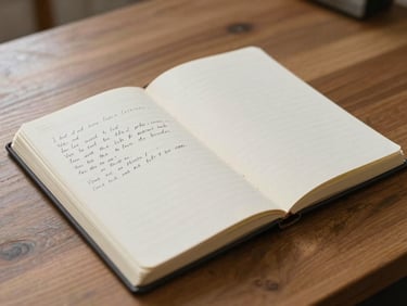 Interior shot — a single open notebook with handwritten notes on a wooden desk, soft diffused daylight, no people, calm and intentional atmosphere