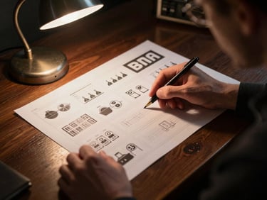 Close-up of a director analyzing a printed storyboard on a dark wooden table, warm practical light from a desk lamp, cinematic atmosphere, 35mm.