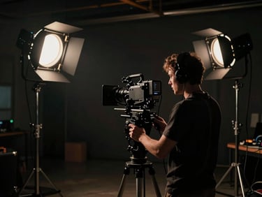 A professional film set with heavy lighting rigs, a camera operator framing a scene in a moody dark studio, low-key lighting, 35mm.