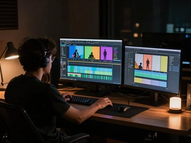 Moody low-key editing studio, professional editor analyzing storyboards on multiple glowing color-grading monitors, warm practical desk lamps, deep shadows