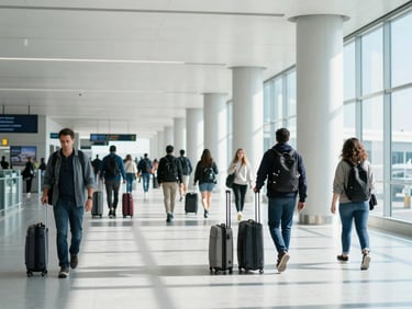Sleek modern airport terminal interior at LAX, travelers with premium luggage walking through high-ceiling corridor, crisp daylight