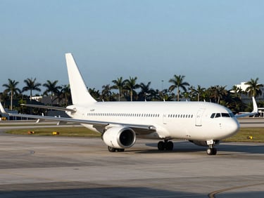 Commercial airplane taxiing on tarmac at Miami airport, palm trees silhouetted in distant morning light, 35mm