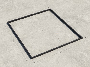 Overhead plan-view of a flat site document showing a residential plot boundary, lot dimensions annotated in pencil, laid on a light concrete surface in natural daylight