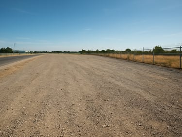 Light-industrial zoned land plot with gravel surface, perimeter fencing partially visible, clear afternoon sky, wide shot showing lot depth and access road at left