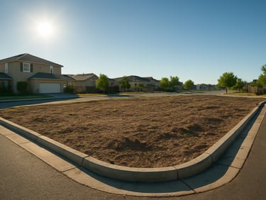 Corner residential plot in a suburban grid, concrete curb edge visible, adjacent completed houses to the left, morning direct sun, wide environmental shot