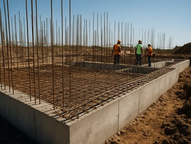 Ground-level daylight photograph of an active construction site showing freshly poured concrete foundation walls and steel rebar grid, workers in safety gear visible at mid-distance, clear sky overhead