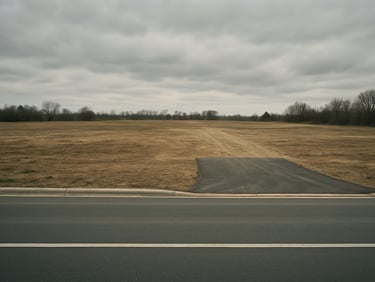 Commercial land parcel adjacent to main road, paved access point visible, open flat terrain, overcast daylight, wide environmental framing showing road context