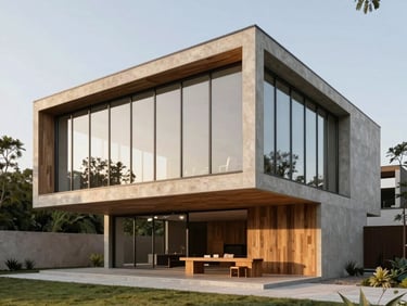 Wide-angle photograph of a luxury private villa in Abidjan, seamless indoor-outdoor transition, concrete and local timber details, golden hour light