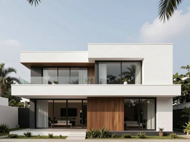 Wide-angle photograph of a luxury private villa in Abidjan, seamless indoor-outdoor transition, concrete and local timber details, golden hour light