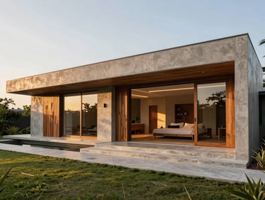 Wide-angle photograph of a luxury private villa in Abidjan, seamless indoor-outdoor transition, concrete and local timber details, golden hour light