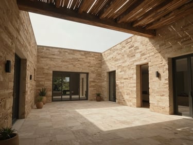 Cinematic wide shot of a modern villa courtyard designed with rammed earth walls, natural ventilation openings, soft light filtering through a wooden pergola.