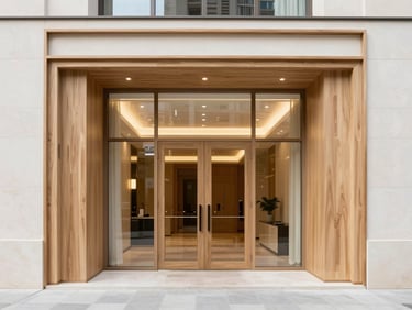 Straight-on clean architectural photograph of a luxury Baku apartment entrance, warm minimalist design, elegant lighting, wood details