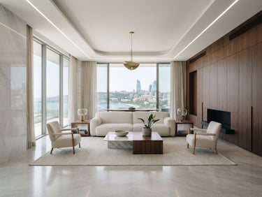 Symmetrical architectural photography of a modern luxury apartment in Baku, living room with clean marble and walnut wood transitions, soft natural daylight, minimal styling, 35mm lens