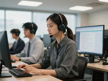 Medium shot of a call center team member at a desk mid-call, headset on, a screen with a filtered lead list visible to the right, overhead fluorescent and window daylight mixing naturally, concentration evident in posture