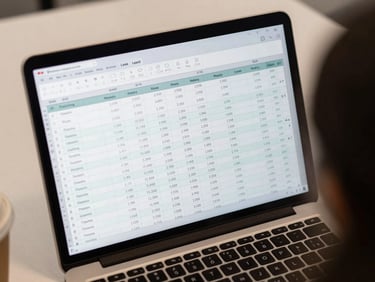 Overhead angle close-up of a laptop screen displaying a spreadsheet of lead data — columns showing names, states, and industry codes — on a plain office desk with a coffee cup partially visible at the edge, authentic overhead office daylight, no staging