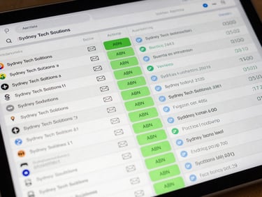A wide, detailed data table mockup of Australian business leads. Columns show company names like 'Sydney Tech Solutions', active ABN status badges in electric green, verified email icons, and direct dial numbers. High-density SaaS interface style.