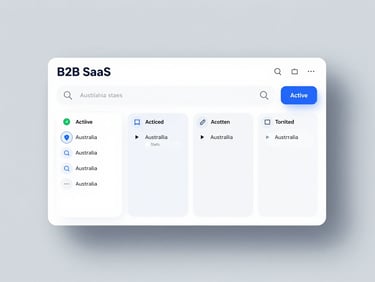 High-fidelity UI mockup of a B2B SaaS dashboard showing a clean search bar, active filter tags for Australian states, and a subtle drop shadow on a light slate background.