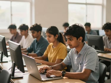 Young Indian students intently focused on laptops in a bright, modern computer lab, soft daylight streaming in. Active and engaged, natural light.