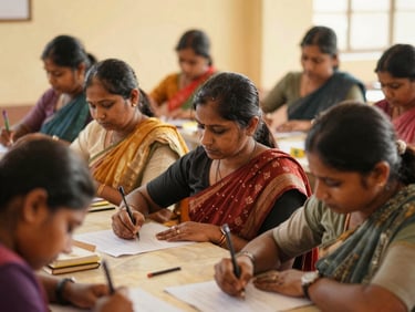 Indian women engaged in a skill development workshop, focused and collaborative, natural daylight, warm tones, shallow depth of field, 35mm.