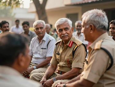 Retired Indian defence personnel in a community setting, engaged in conversation, natural daylight, warm tones, shallow depth of field, 35mm.