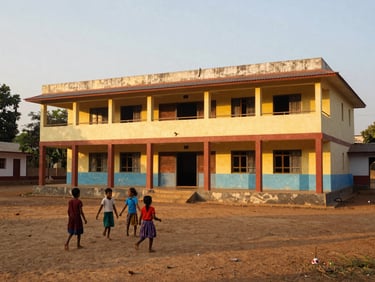 A newly constructed, brightly painted school building in a rural Indian setting, with children playing happily in the foreground, golden-hour light, wide shot.