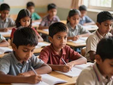Hopeful young Indian children in a classroom, engaged in learning, natural daylight, warm tones, shallow depth of field, 35mm.