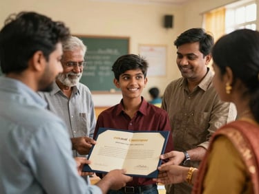 A proud young Indian student receiving a scholarship certificate, surrounded by supportive mentors, in a well-lit educational setting. Hopeful expression, warm light.