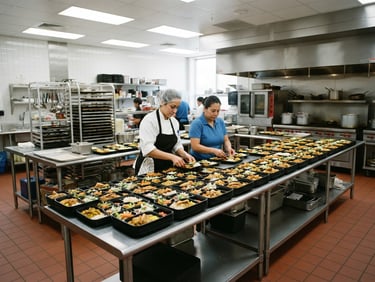 Bright commercial school kitchen layout, stainless steel prep tables, organized trays, professional clean lighting, 35mm