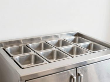 Bright commercial photography of a clean stainless steel athletic fueling station with organized prep bins, sharp focus, 35mm