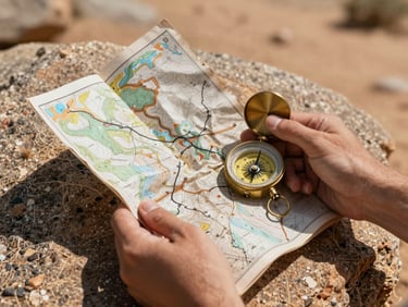 Tactile close-up of hands holding a weathered physical topographic map and a classic brass compass over a basalt rock, harsh midday desert sun casting sharp shadows.