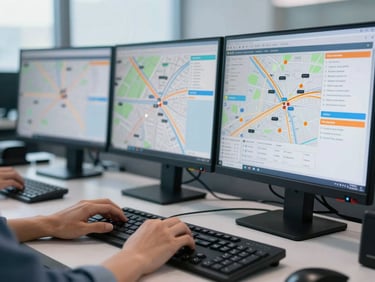 Close-up of a dispatcher's hands on a keyboard, with multiple monitors displaying logistics routing maps and fleet tracking data in a modern, well-lit office. Bright morning daylight, cool blue and industrial orange tones.