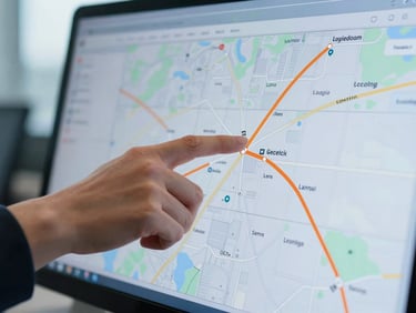 Close-up of a dispatcher's hand pointing at a logistics route on a digital map, crisp morning daylight, cool blue and industrial orange tones, sharp focus, 35mm.