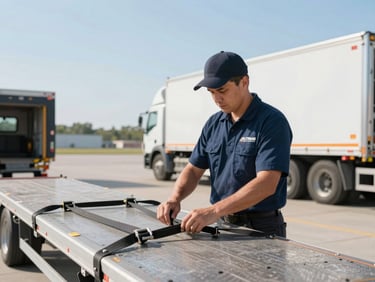 Medium shot of a professional ALTIMAX SOLUTIONS LLC driver in uniform, inspecting cargo straps on a flatbed trailer in a well-lit loading dock. Crisp morning daylight, sharp focus.