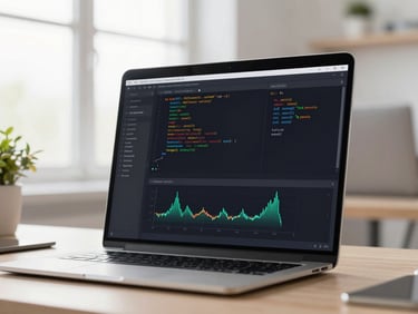 Bright natural daylight workspace with a close-up on a high-fidelity code terminal interface displaying system diagnostic graphs.