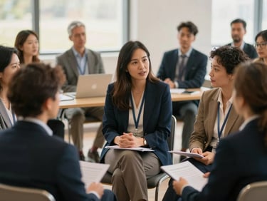 Warm editorial photography of diverse community leaders in a bright, naturally lit conference hall, engaged in collaborative discussion, shallow depth of field.