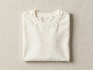 A folded organic cotton t-shirt in bone white on a neutral linen background, flat-lay