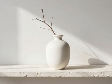 A single matte ceramic vase with a dry branch on a white stone shelf, soft natural shadows