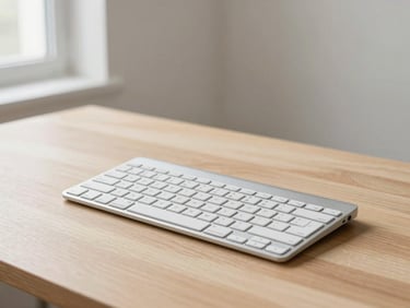 Minimalist silver laptop and wireless aluminum keyboard on a light oak desk, soft window light