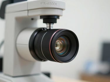 Extreme close-up of FA-6500K autorefractometer optical head, precision measurement aperture centered, soft studio diffusion light, white clinical background, no people