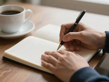 Close-up of hands writing in a notebook next to a warm cup of coffee, soft natural morning light, shallow depth of field.