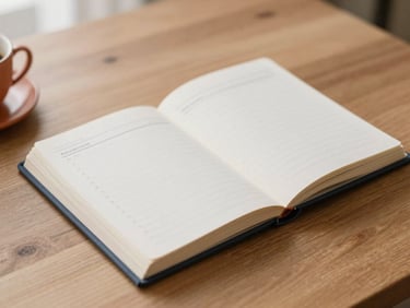 A neatly organized financial planner open on a wooden table, soft morning light, warm clay accents.