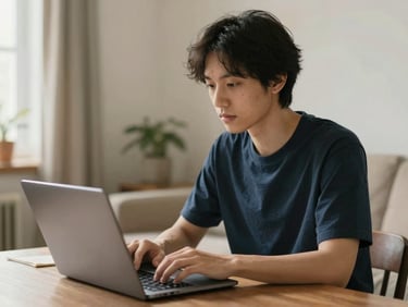 A calm person looking at a laptop in a warm home environment, soft natural lighting, peaceful atmosphere.